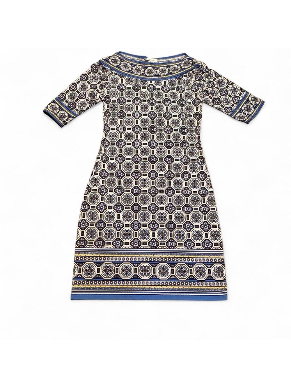 geometric print dress Max Studio blue white yellow patterned dress